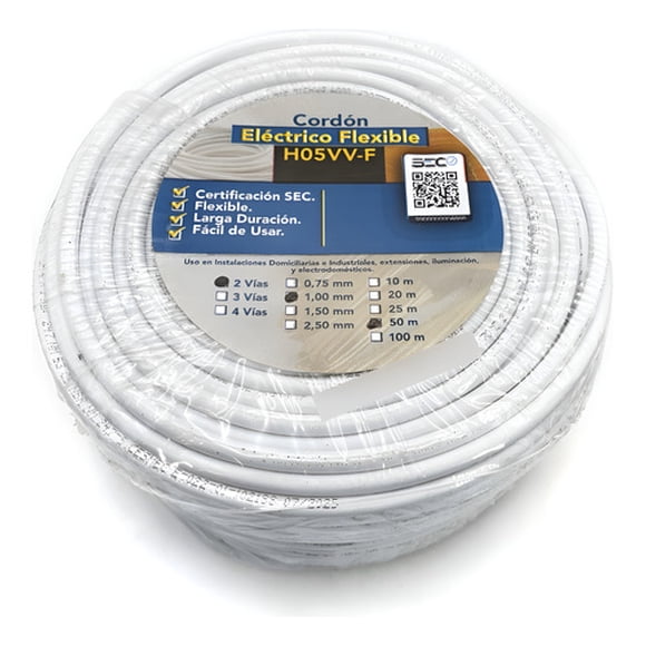 Cable Cordón Eléctrico Sil Flexible 2x1mm2 50m Blanco Sec Blanco