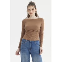 Fashionspark - Polera Mujer Cuello Bote Abertura Camel Oscuro