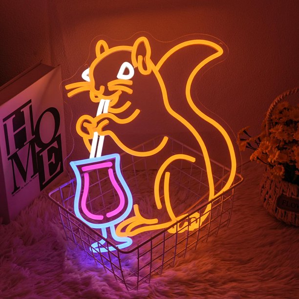 Letrero de neón de ardilla con cóctel para decoración de pared, luz de neón de ardilla naranja, letrero LED alimentado por USB para bar, dormitorio, caverna de hombre, negocio, sala de juegos