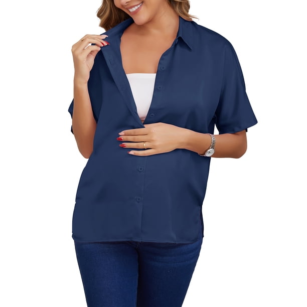 Blusa de Maternidad para Mujer INSPIRE CHIC Manga Dolman Holgada Abotonada con Abertura Cuello de Punto Manga Corta Camisas de Embarazo M Azul Marino