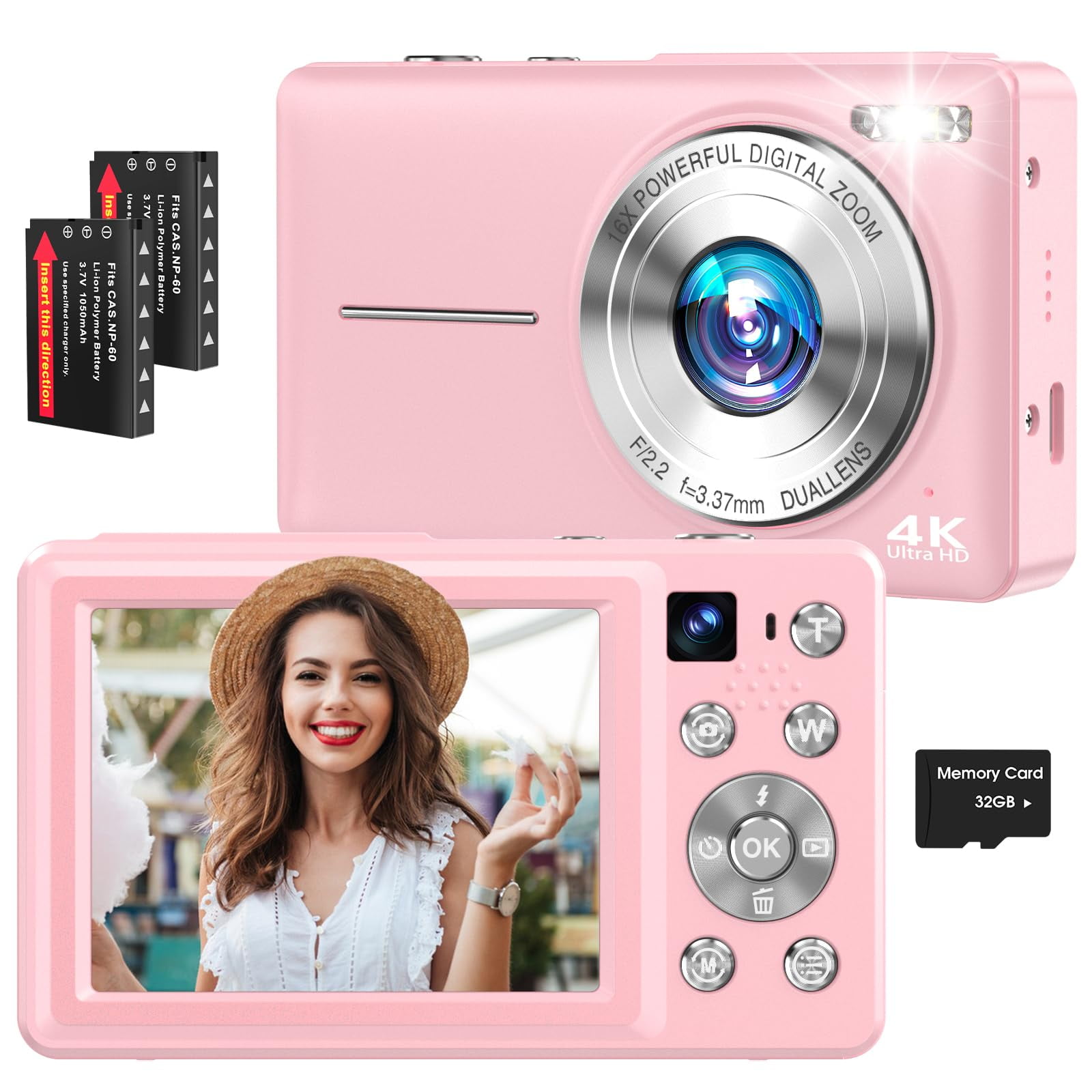 Cámara Digital Froitx 4k De 64 Mp Con Doble Lente Con Zoom 16x, Color Rosa