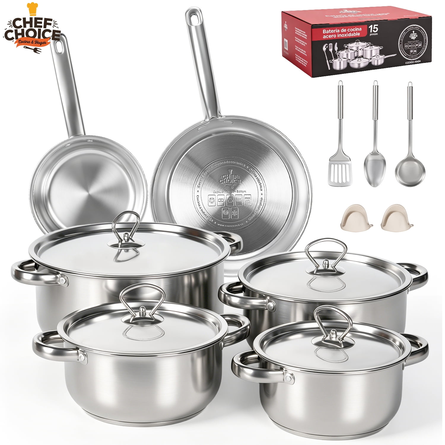 Chefchoice - Bateria Cocina Cacerolas 15 Piezas Juego De Ollas Acero Inoxidable