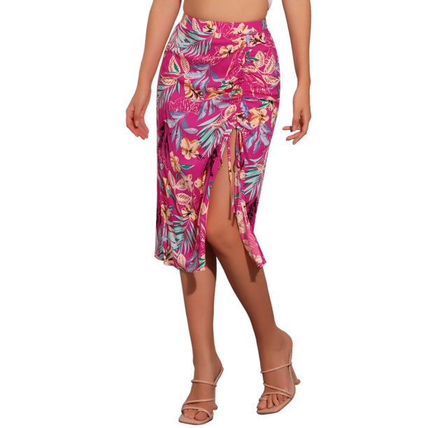 Faldas Hawaianas para Mujer INSPIRE CHIC 2024 Verano Playa Fruncido Frontal Falda Tropical con Abertura L Rosa Fucsia