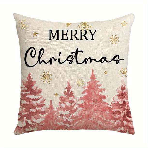 1pc, Pink Santa Claus Christmas Tree Sleigh Pink Fawn Ornament Throw Pillow Cover 17.7*17.7 Inch Winter Holiday Cushion Cover Decoration For Home Sofa Cushion