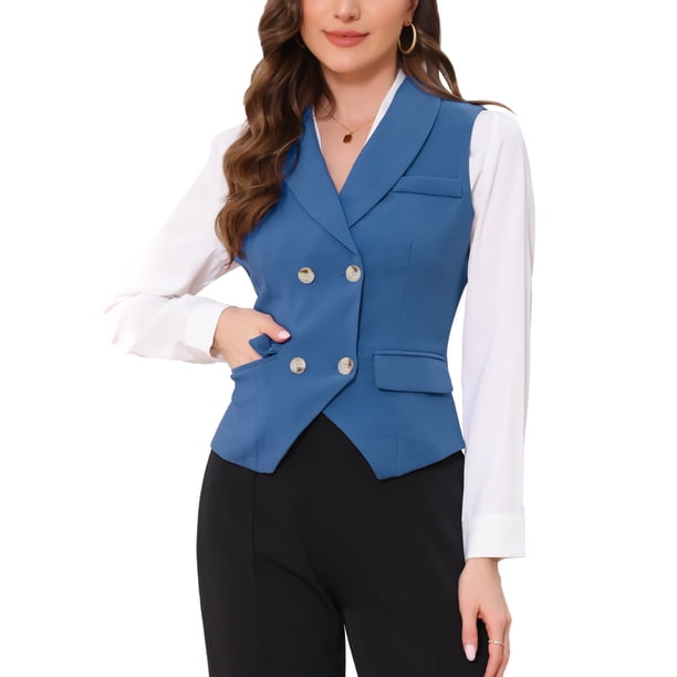 INSPIRE CHIC Chaleco de Traje para Mujer Doble Botonadura Negocios Solapa Elegante Chaleco de Cintura XL Azul Gris