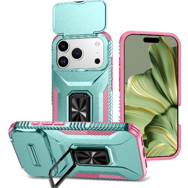 Funda Armada para iPhone 17 Pro Max con Tapa Deslizante y Soporte Magnético Giratorio Verde