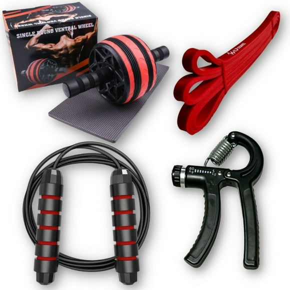 Kit Fitness Abs Roll Banda Elástica Push Up Hand Grip Cuerda