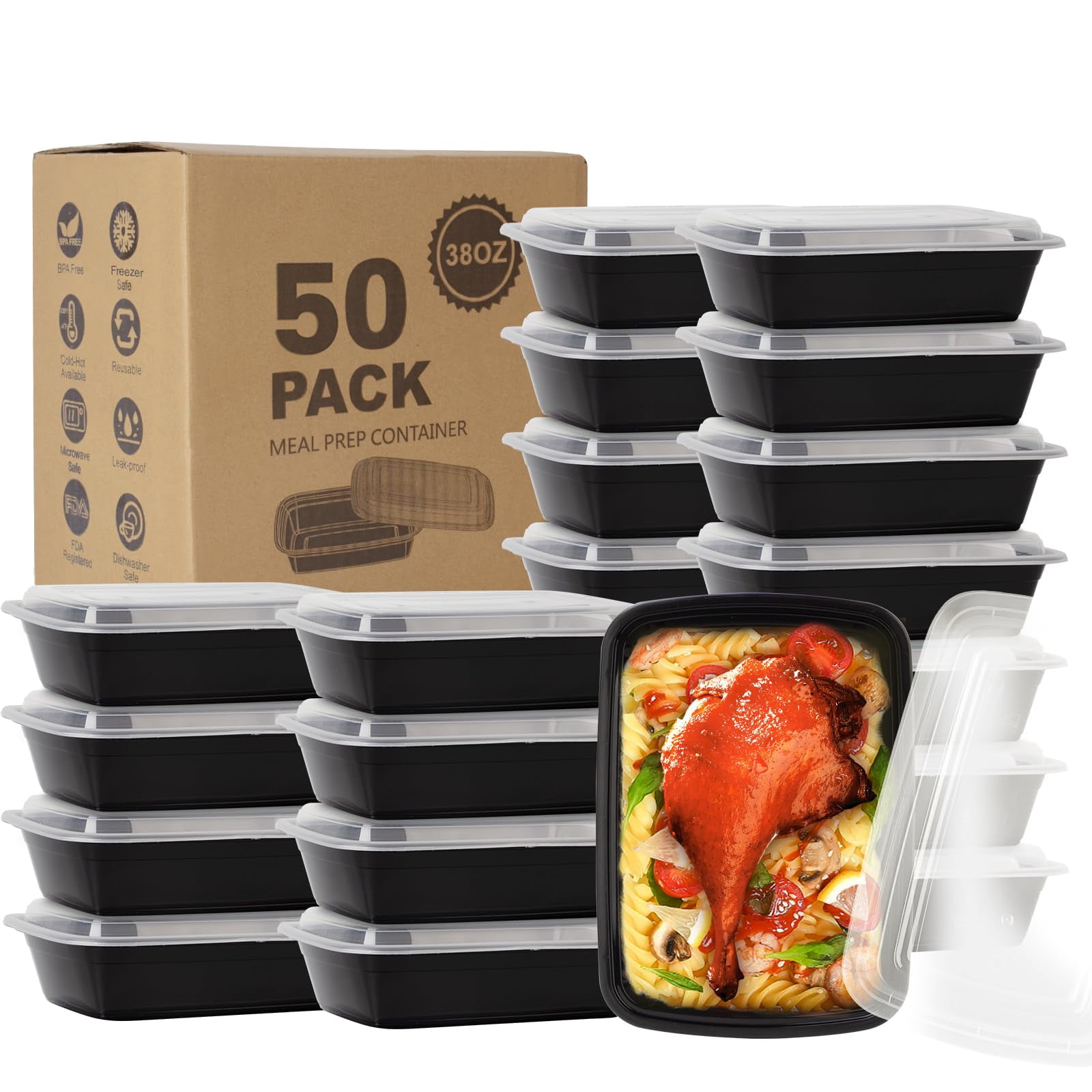 Envases Ezalia Para Preparación De Comidas, 38 Oz (paquete De 50), Sin Bpa