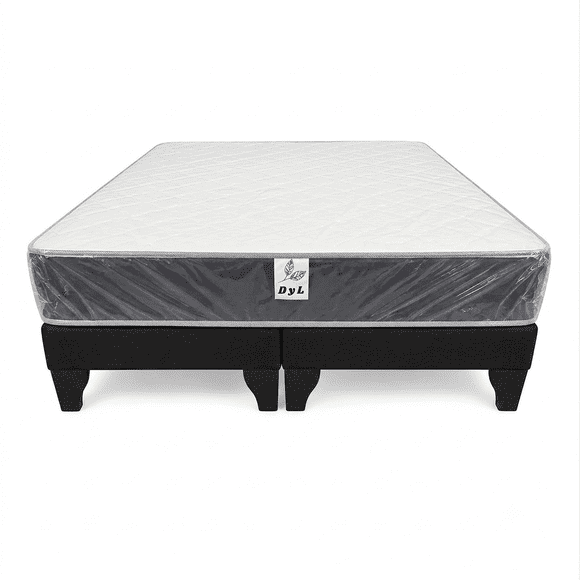 Base De cama Europea 2 Plazas Negro Lino + Colchón Semi Ortopédico