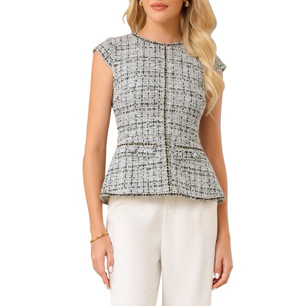 INSPIRE CHIC Blusa Elegante de Tweed para Mujer con Cuello Redondo y Mangas Cortas para Oficina y Negocios, Talla 2XL, Blanca