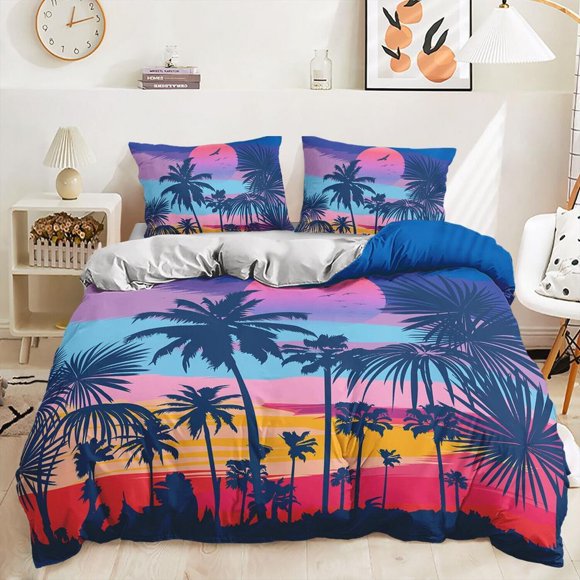 Rainbow Sunset Coconut Tree Quilt Duvet Cover Set Super Queen Soft 3-Piece Bedding Set