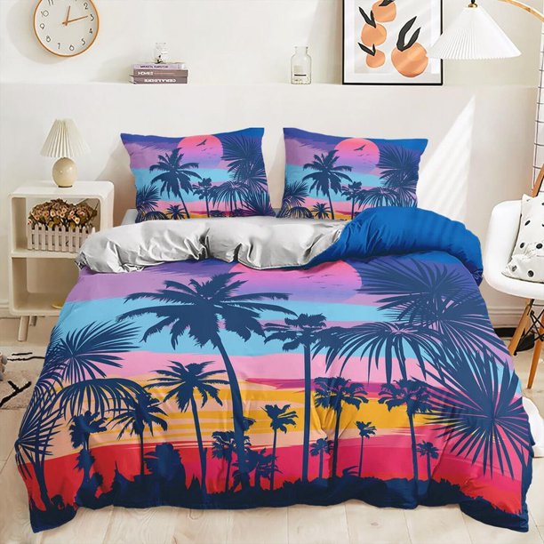 Rainbow Sunset Coconut Tree Quilt Duvet Cover Set Super Queen Soft 3-Piece Bedding Set