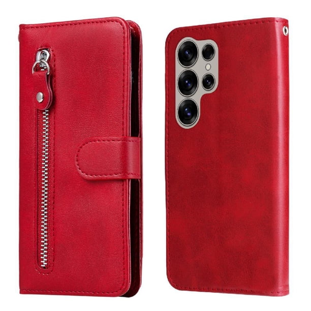 Funda tipo cartera para Samsung Galaxy S25 Ultra con bolsillo con cremallera y ranuras para tarjetas – Función de soporte Rojo