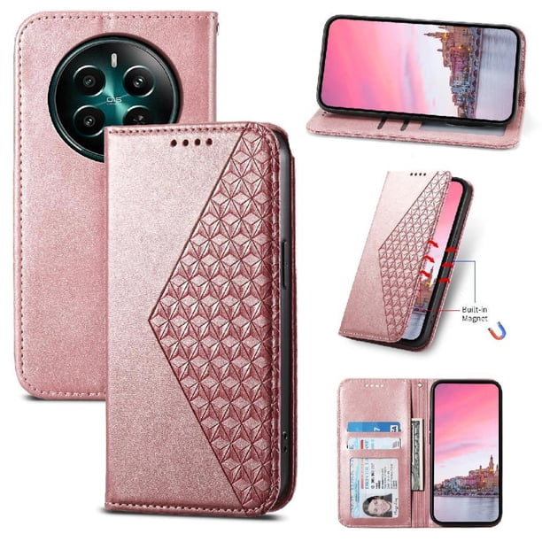 Funda Flip FOXDOCK para Realme 12 Plus 5G , Estilo Billetera con Diseño Rombo, Correa de Mano y Soporte, Uso Diario
