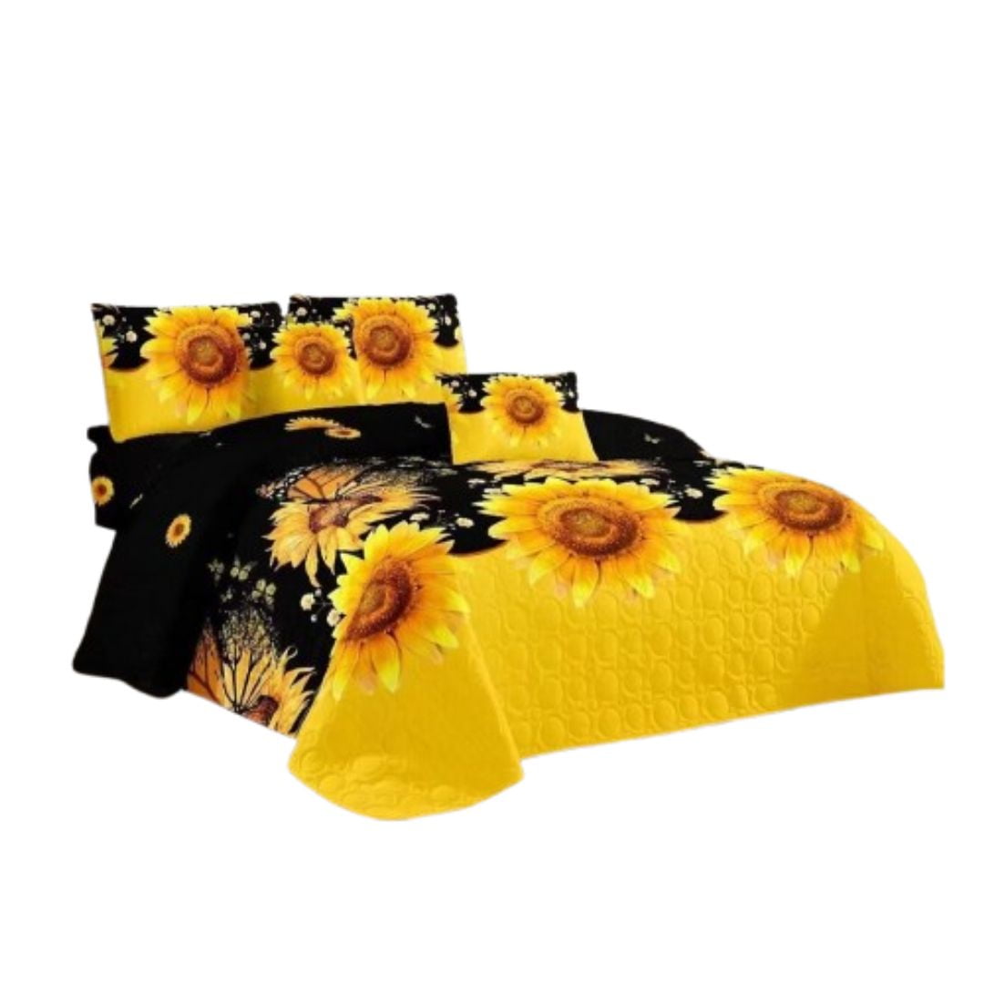 Genérico - Cubrecama Quilt Verano King - Negro Amarillo Girasoles Kfl157