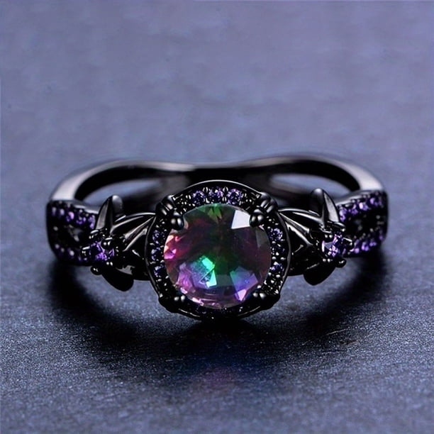 1pc Trendy Black Zirconium Ring For Unisex, Punk Black Ring With Purple Rhinestones