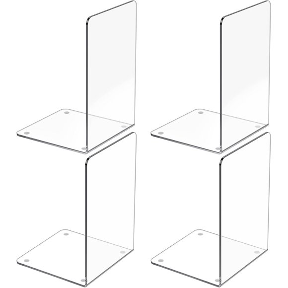Acrylic Bookends 4 Pcs, Clear Book Ends for Shelves, Bookend