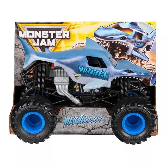 Monster Jam Megalodon fundido a escala 1:24, coleccionable oficial de Spin Master, ruedas grandes, d