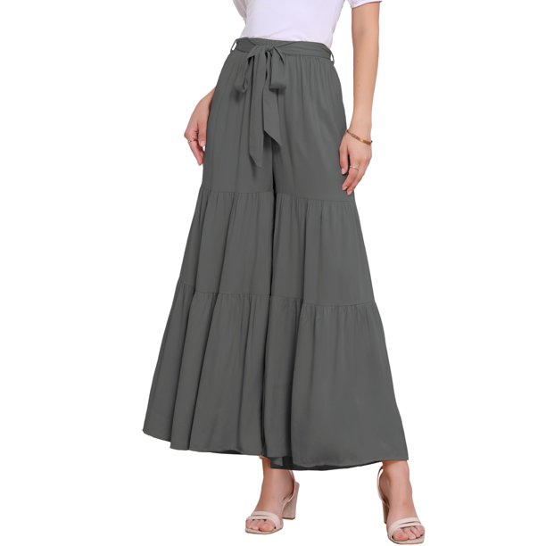 INSPIRE CHIC Pantalones Boho para Mujer Cintura Alta Elástica Acampanados con Volantes Palazzo Chic Pierna Ancha XS Gris