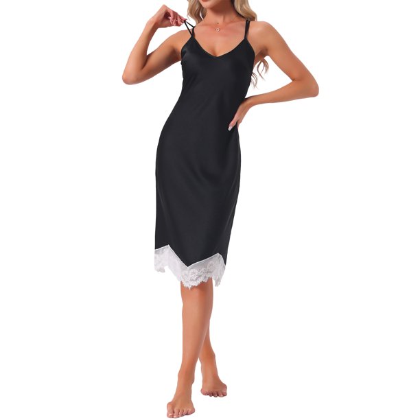 INSPIRE CHIC Camisón de Satén para Mujer con Encaje, Tirantes Cruzados, Camisola, Camisón, Lencería, Vestido de Pijama Sedoso, Talla L, Negro