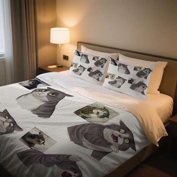 Cartoon Cat Drama Duvet Cover Set Independence Day Celebration The Bohemian Style Cartoon Duvet Cover Set Is Here! Easy to Maintain with a Zipper Closure