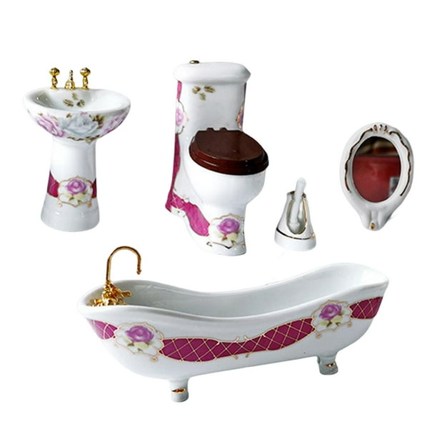 Accesorios para casa de muñecas a escala 5x1/12, juego de baño, accesorios de escena DIY, muebles para casa de muñecas, juguete en miniatura para baño , Blanco y rojo