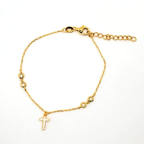Tiana Joyas - Pulsera Con Una Cruz Y Circones De Plata 925 Enchapada En Oro De 18K