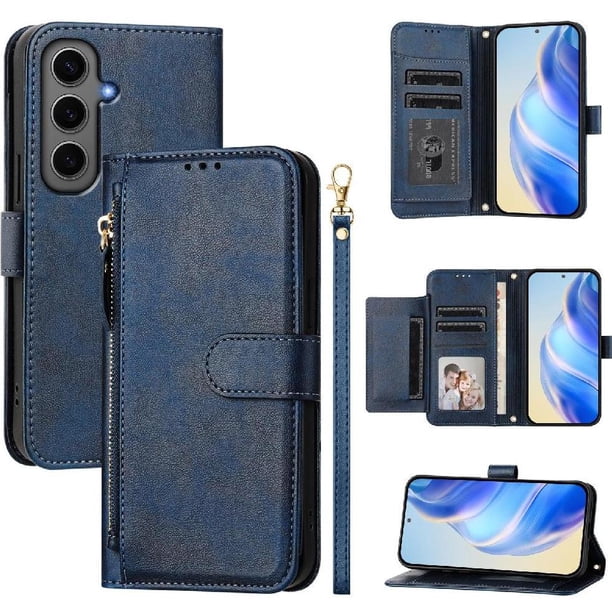Funda Billetera Cremallera para Samsung Galaxy S24 Plus 5G con Porta Tarjetas, Soporte y Correa Azul