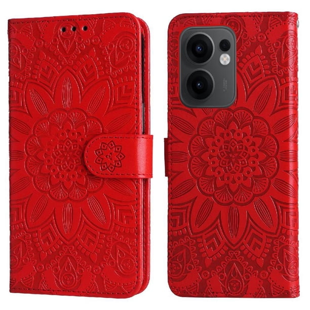 Funda tipo cartera FOXDOCK para OPPO Reno 13F , diseño girasol en relieve, cuero PU, cierre magnético, soporte y tarjetero