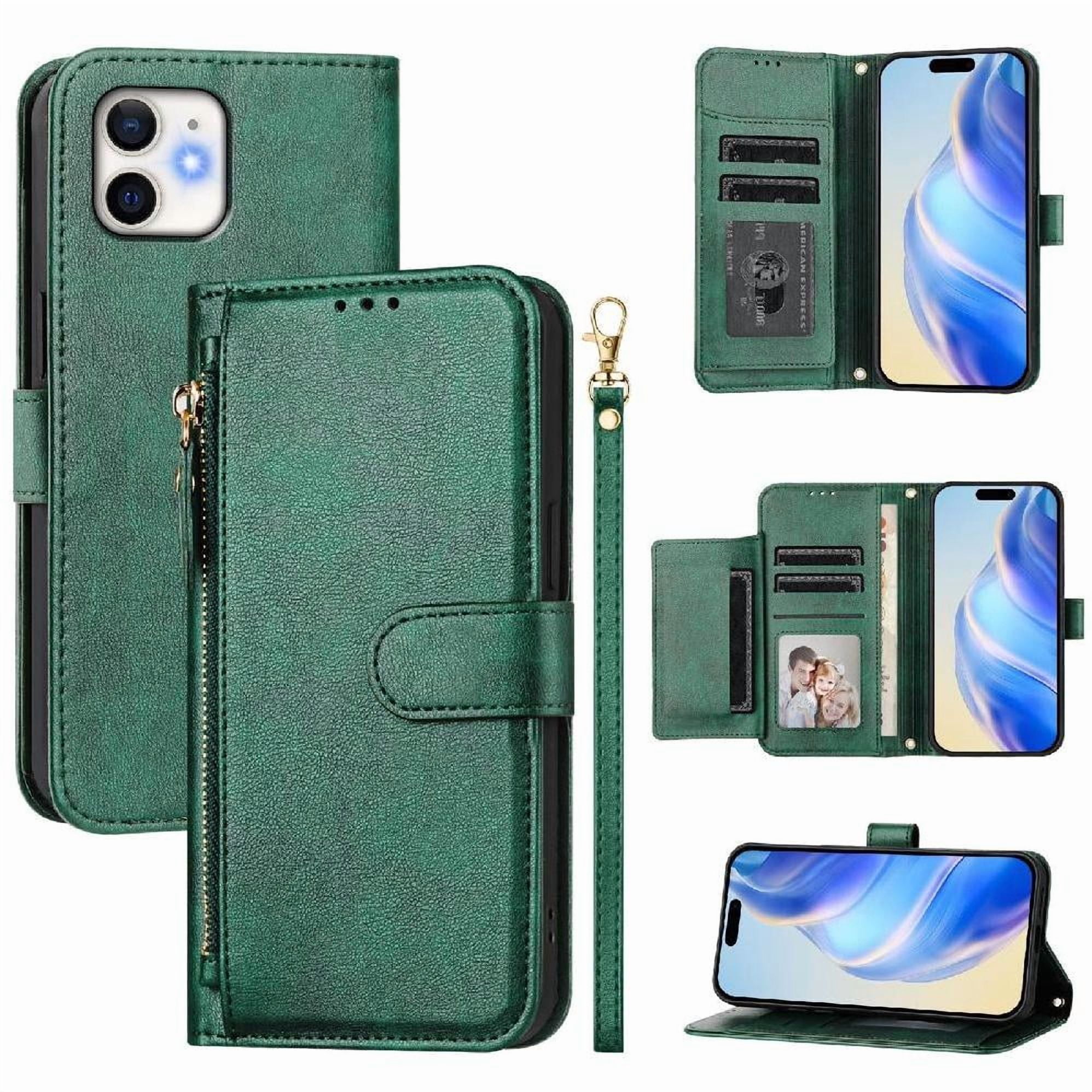 Foxdock - Funda Tipo Cartera Para Iphone 11 Con Bolsillo Con Cremallera, Tarjetero, Soporte, Correa Para La Muñeca Y Tapa De Cuero Verde