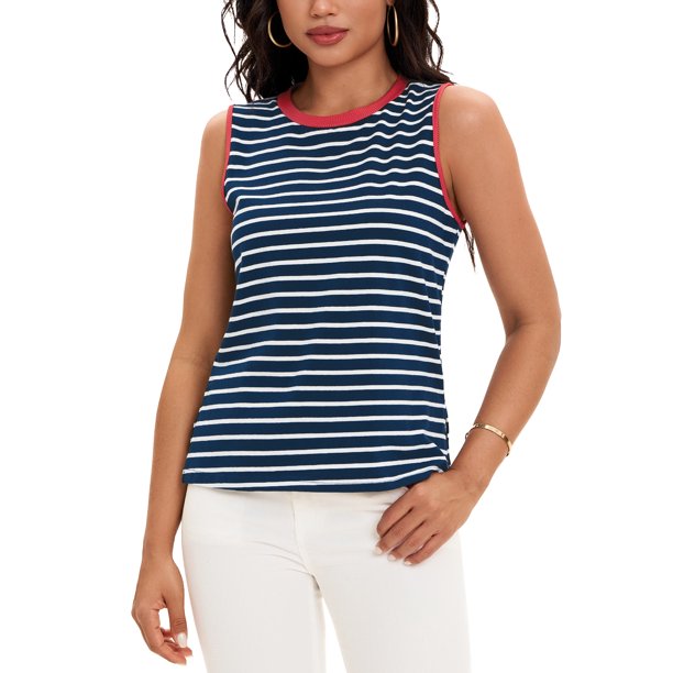 ATHLECHIC Camiseta sin Mangas de Mujer para Regreso a Clases con Bloque de Color a Rayas, Aberturas Laterales, Cuello Redondo, Verano, Sin Mangas, Azul Oscuro Rojo 2XL