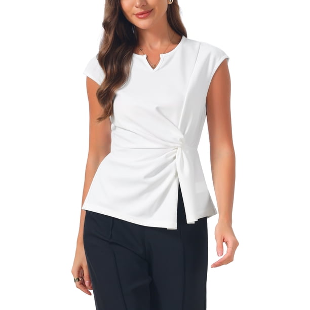 INSPIRE CHIC Blusas con Giro para Mujeres Cuello Entallado Manga Corta Camisas Casual de Trabajo M Blanco