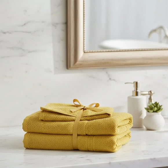 Set De 3 Toallas De Algodón Mostaza Manos, Baño Y Cuerpo Amarillo Liso