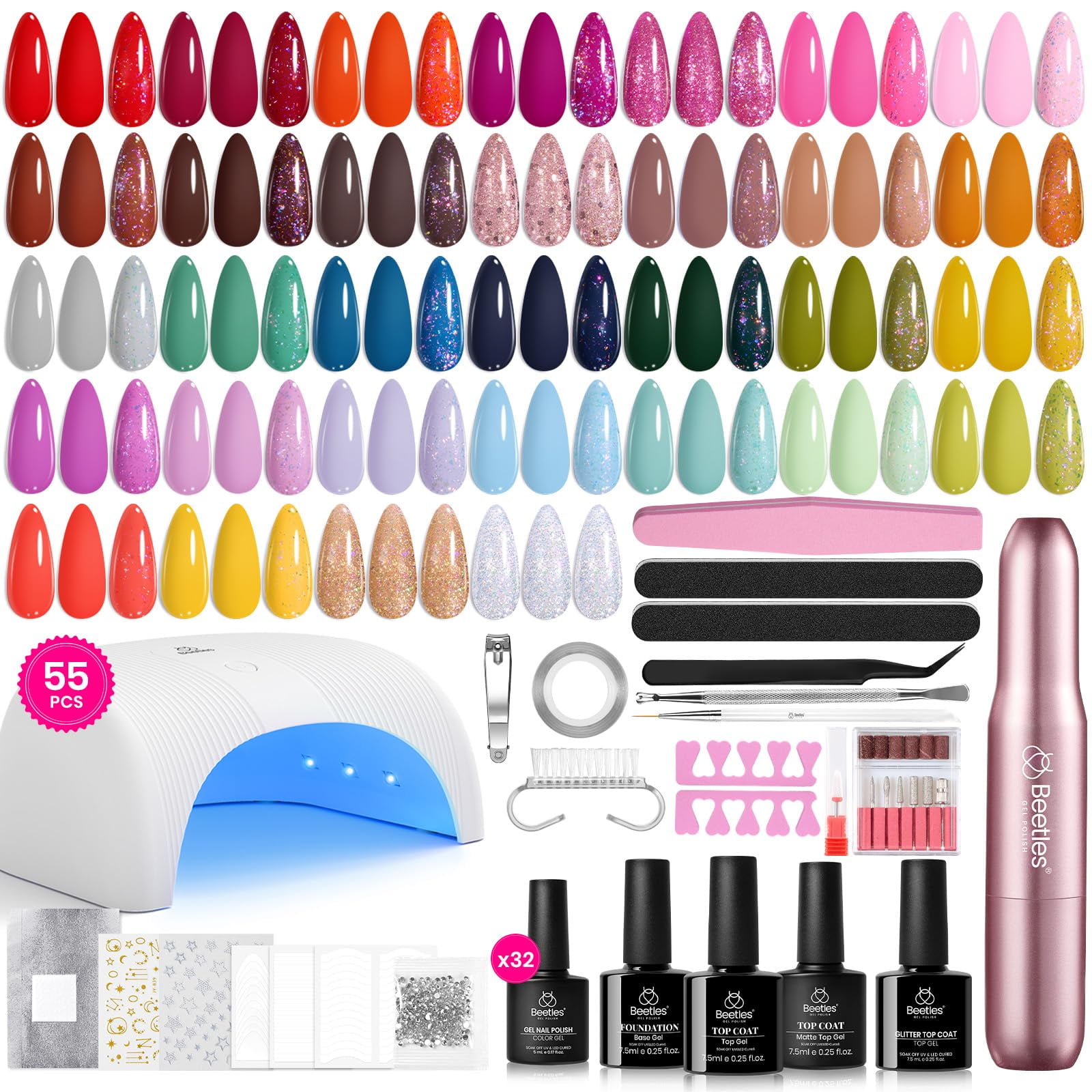 Kit De Esmalte En Gel Beetles De 55 Piezas Con Lámpara Uv Y Torno Eléctrico