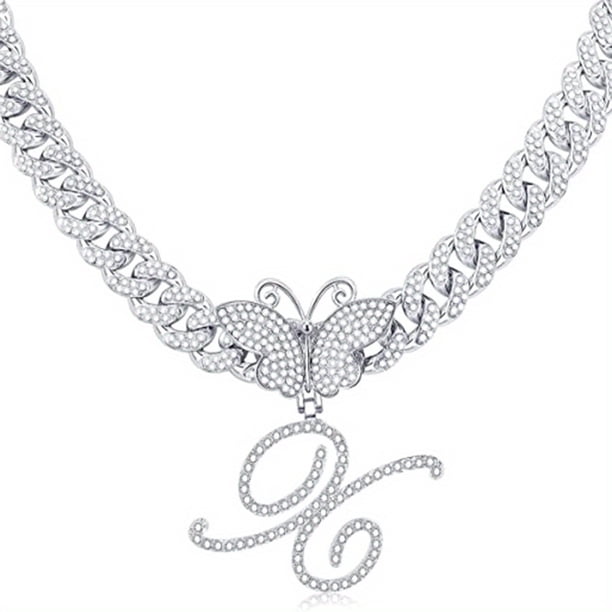 Stylish Hip Hop Cuban Butterfly Necklace with White Letter Initials