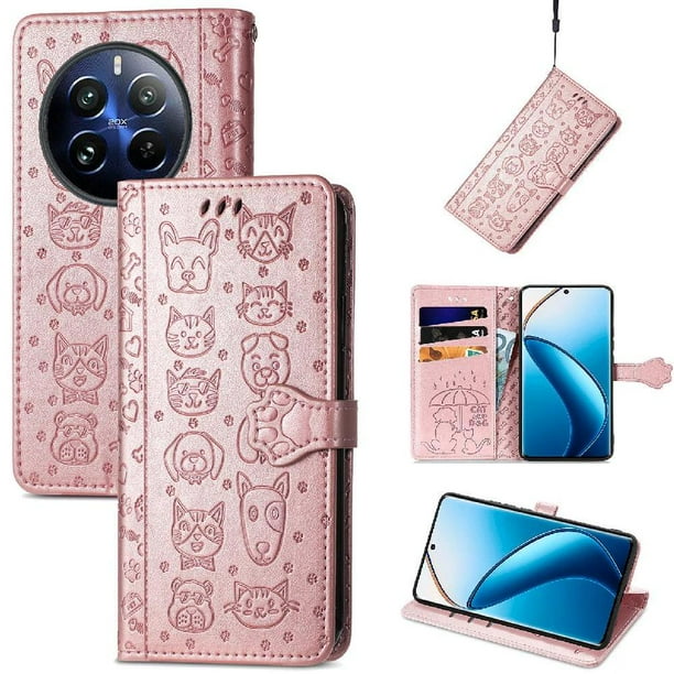 Funda Cartera FOXDOCK para Realme 12 Pro , Flip PU con Relieve de Gatos y Perros, Tarjetero y Soporte