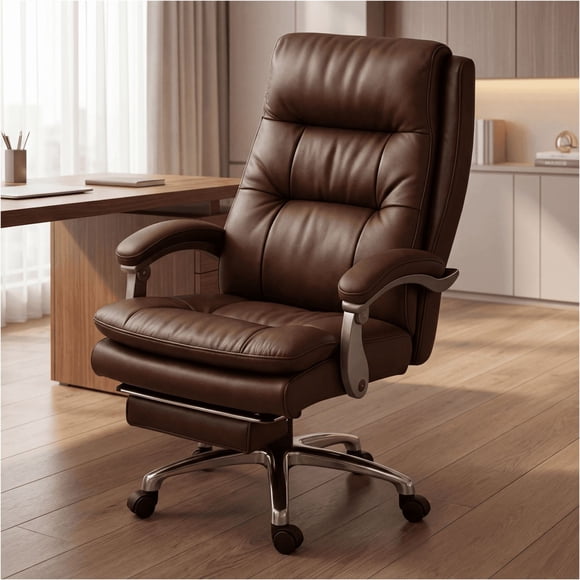 Silla Oficina Gerencial Asiento De Cuero Pata Acero Premium Color Café Material Del Tapizado Cuero Sintético