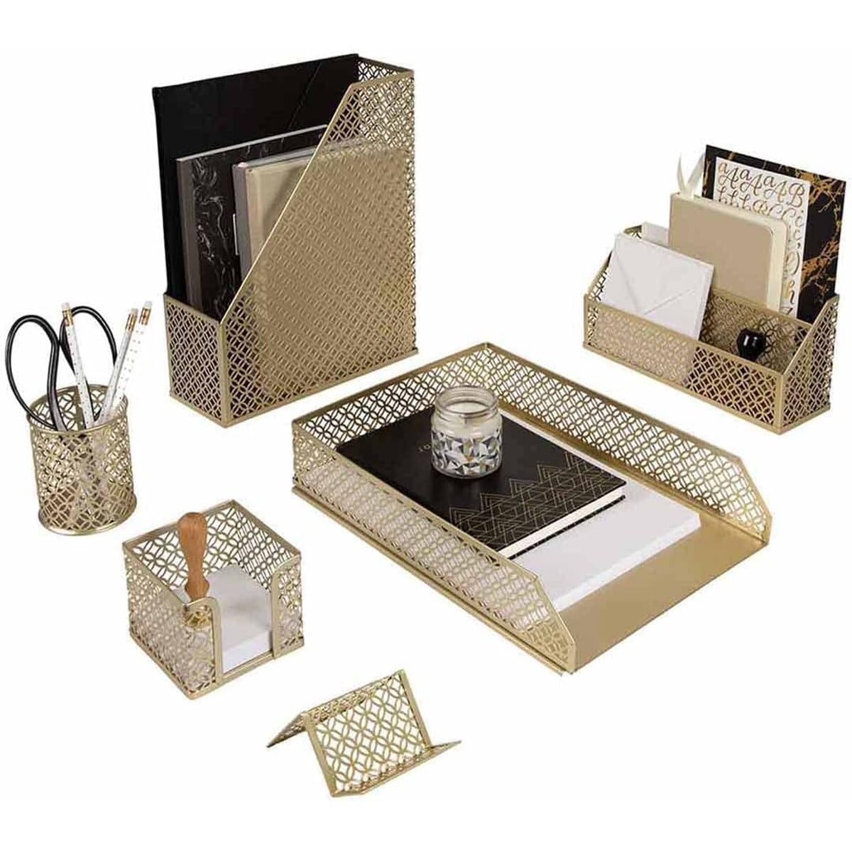 Set Organizador De Escritorio Blu Monaco Dorado 6 Piezas