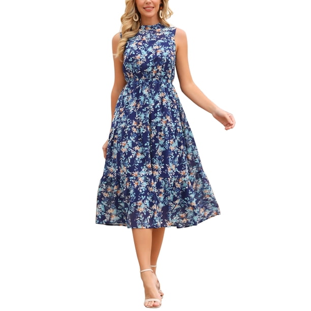 INSPIRE CHIC Vestidos de Verano para Mujer Vestido de Gasa Floral sin Mangas con Cuello Simulado en Capas para Fiesta de Boda Midi Talla M Azul Marino