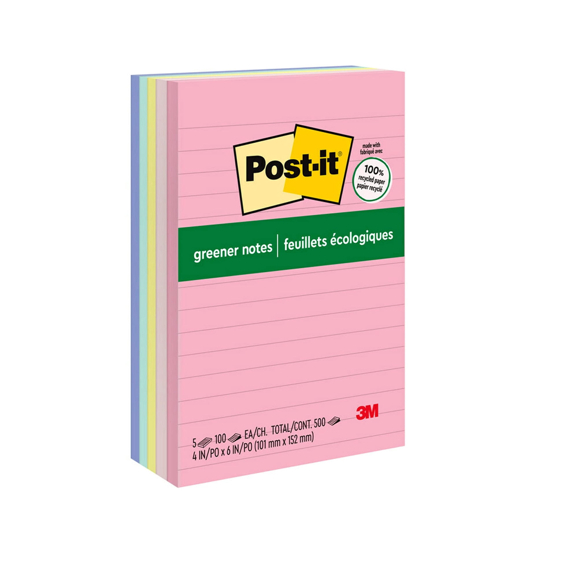 Sticky Notes Post-it Greener, 5 Cuadernos, 4 X 6 Pulgadas, Papel 100% Reciclado