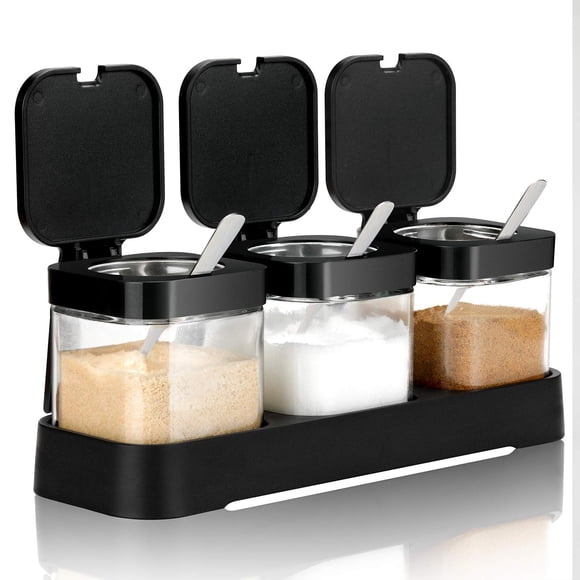 Set de tarros para condimentos Mlici, cristal transparente, con tapas y cucharas, 255 ml, 3 unidades