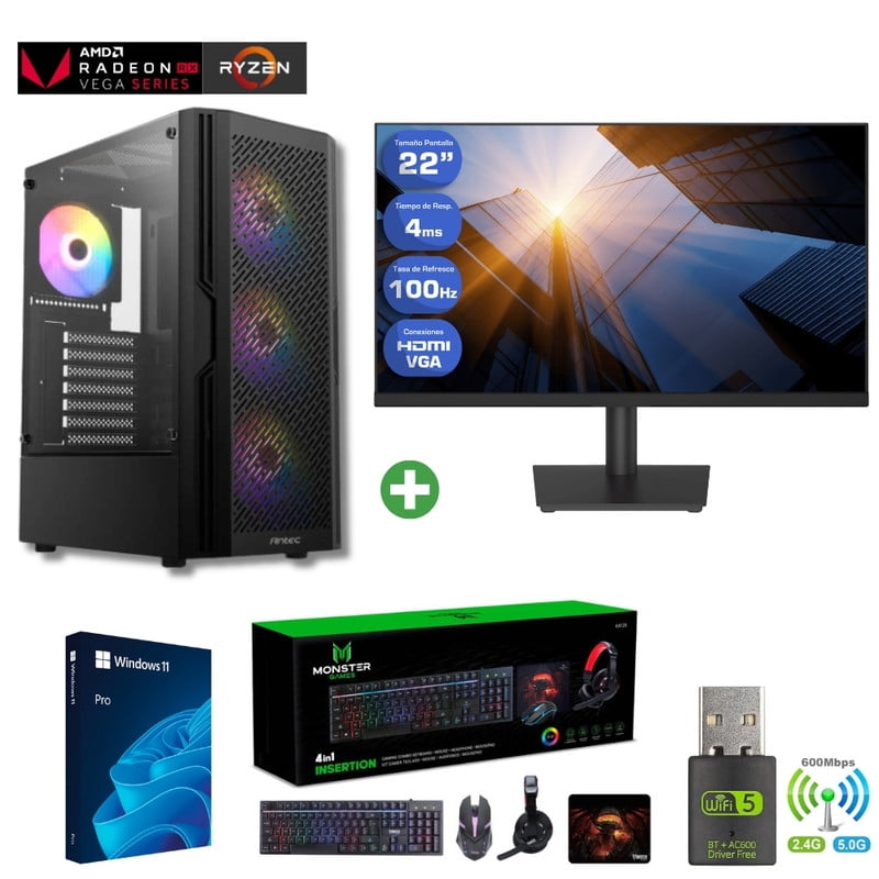 Pc Gamer Amd Ryzen 5 3400g + 16gb + Vega 11 + 1tb + Monitor 22"+ Ax20