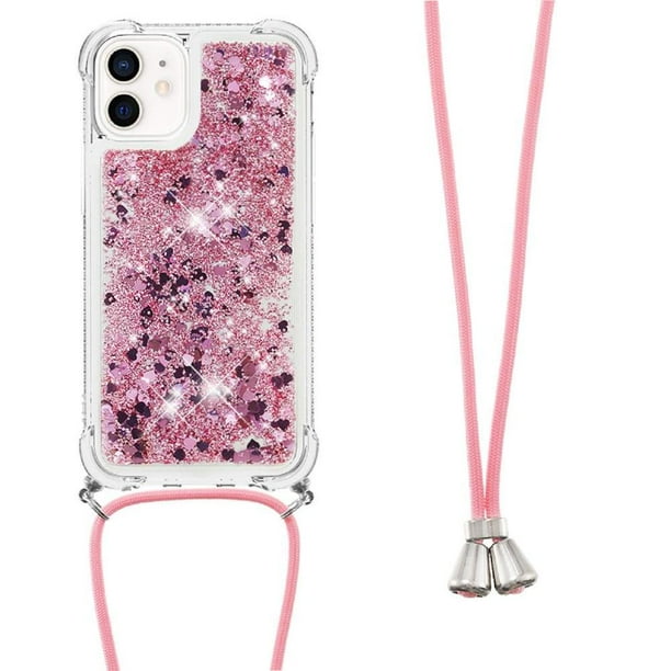 Funda FOXDOCK para iPhone 12 Mini con Cuerda Ajustable, Brillo Líquido, Protección Antigolpes y Lente – Ideal para Regalo