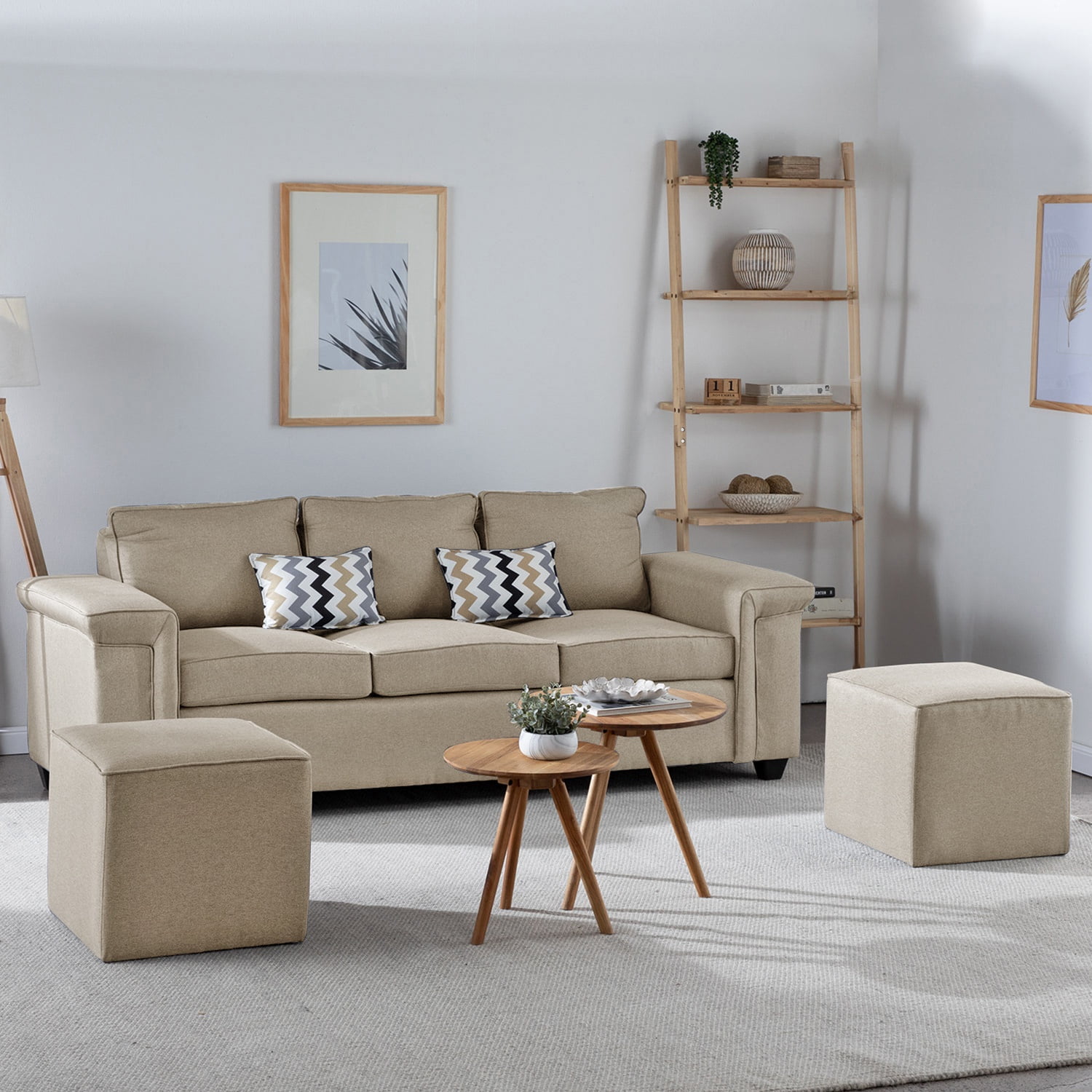 Muebles Cottoni - Sofá 3 Cuerpos Sicilia + 2 Pouf Tela Beige