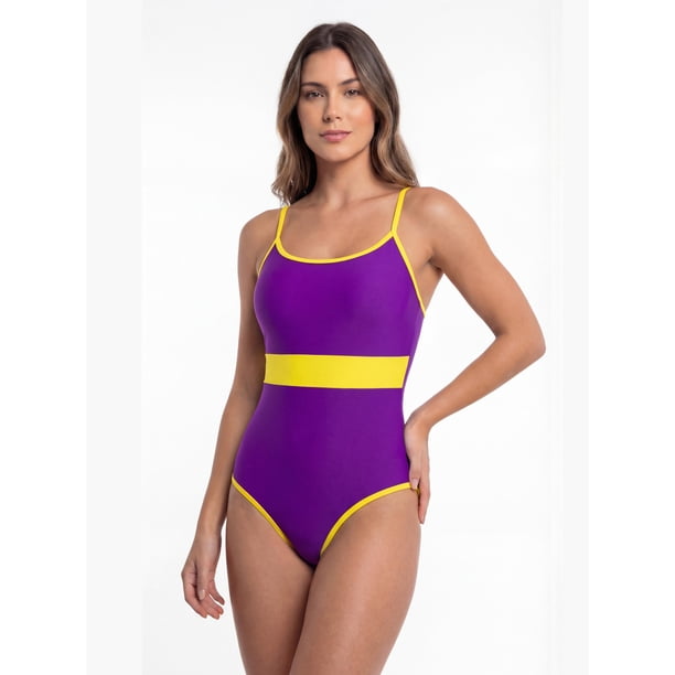 Traje de baño mujer natación con franja amarillo Talla S