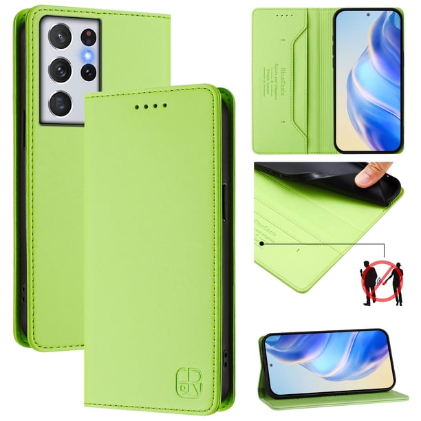 Funda Billetera con Soporte para Samsung Galaxy S21 Ultra Bloqueo RFID Plegable Verde claro