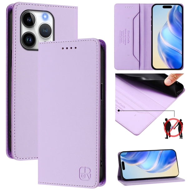 Funda Billetera con Soporte para iPhone 16 Pro Bloqueo RFID Plegable Morado claro