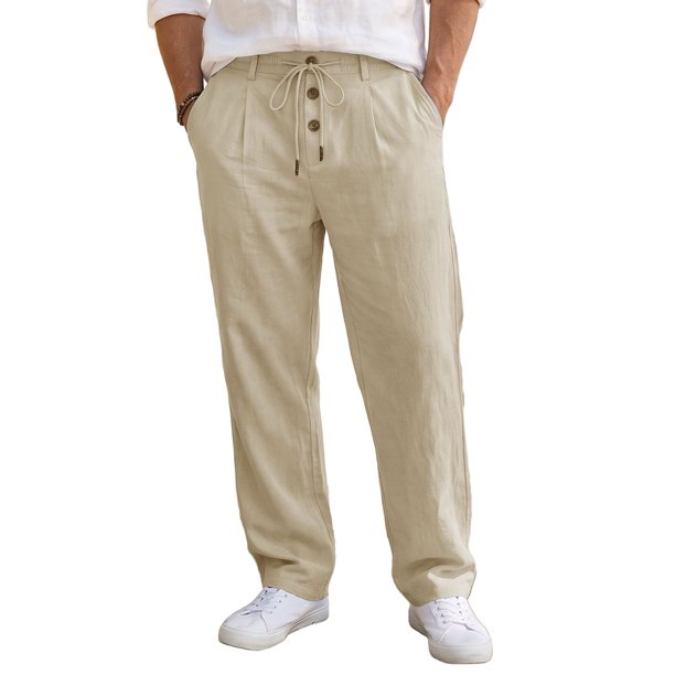 INSPIRE CHIC Pantalones de Lino Transpirables con Botones y Cintura con Cordón para Hombre, Casuales y Ligeros, Talla 38, Caqui