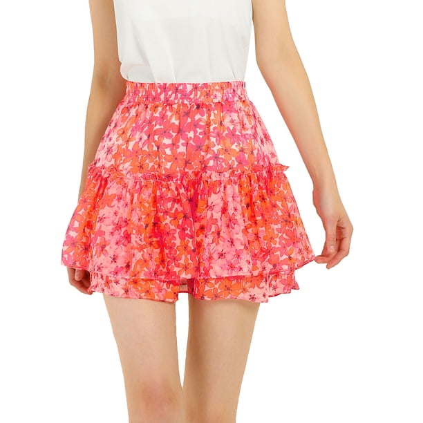 INSPIRE CHIC Falda Mini de Chifón con Volantes en Capas y Estampado Floral para Mujer, Cintura Elástica, Rosa Talla S