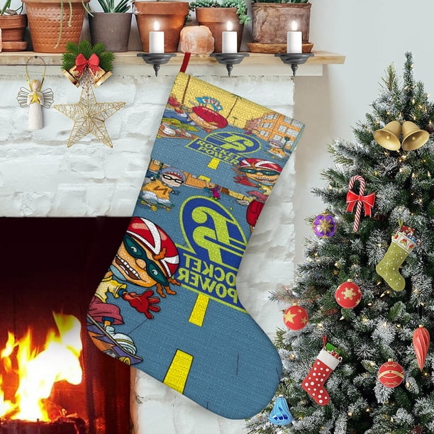 Rocket Power Tema: Calcetines de Navidad, fino lino blanco para colgar en escaleras y chimenea, decoración navideña para el hogar, regalo de Navidad. 45cm × 32cm